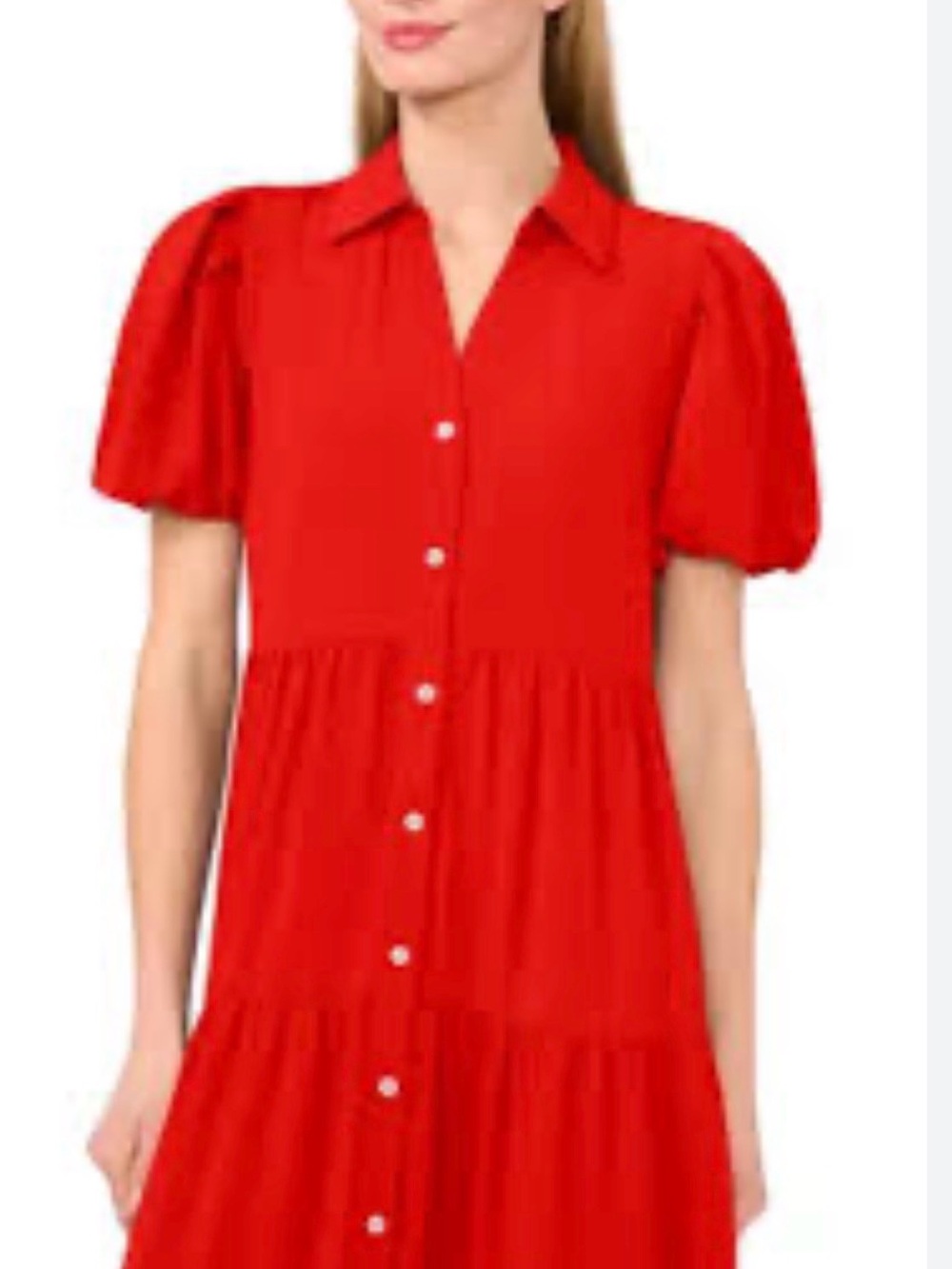 CeCe Bright "Fiery Red" Button-Front Tiered Casual Dress